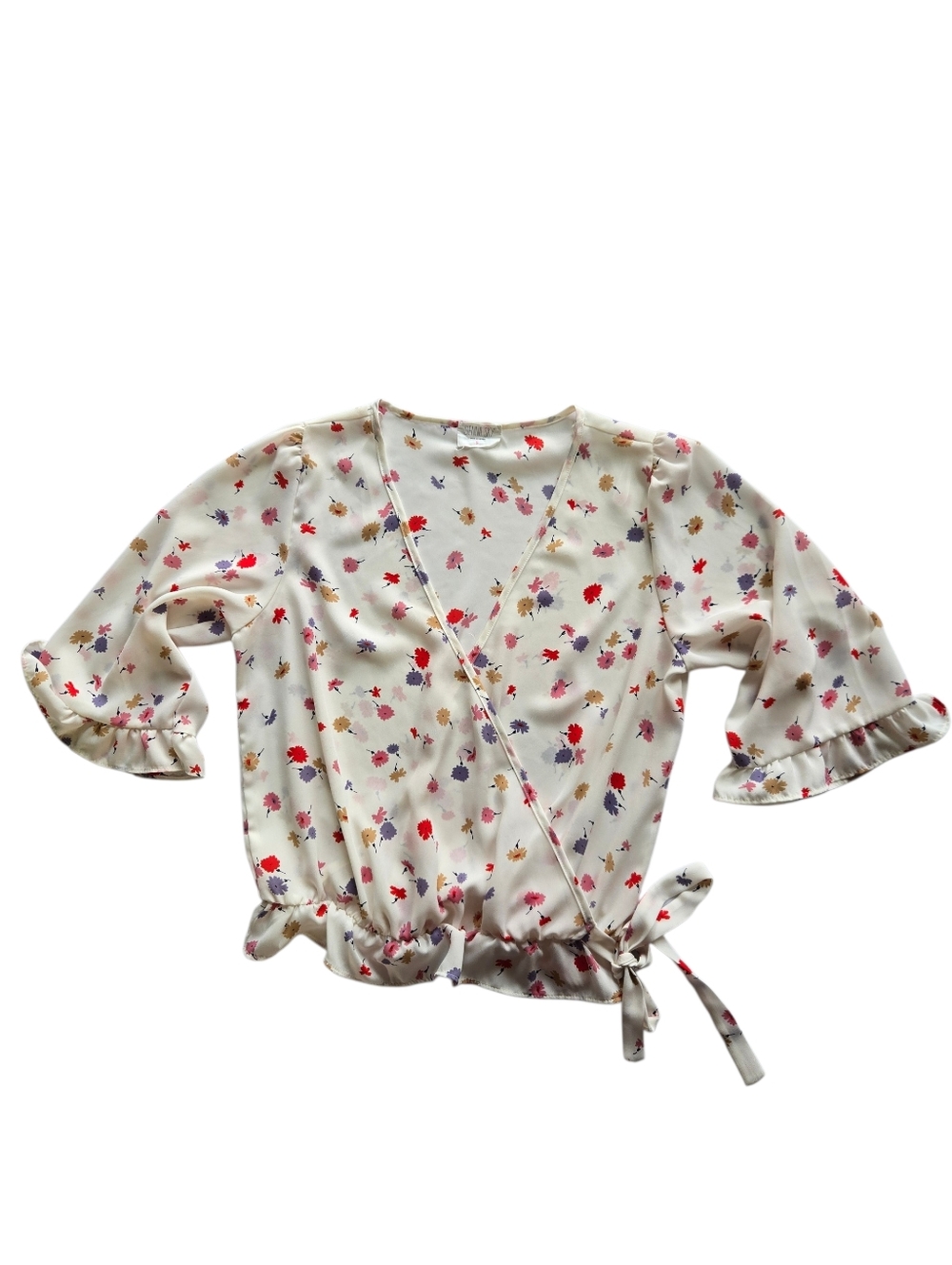 Sienna Sky Floral Wrap Top | Ruffle Bell Sleeve V-Neck Blouse - Size S